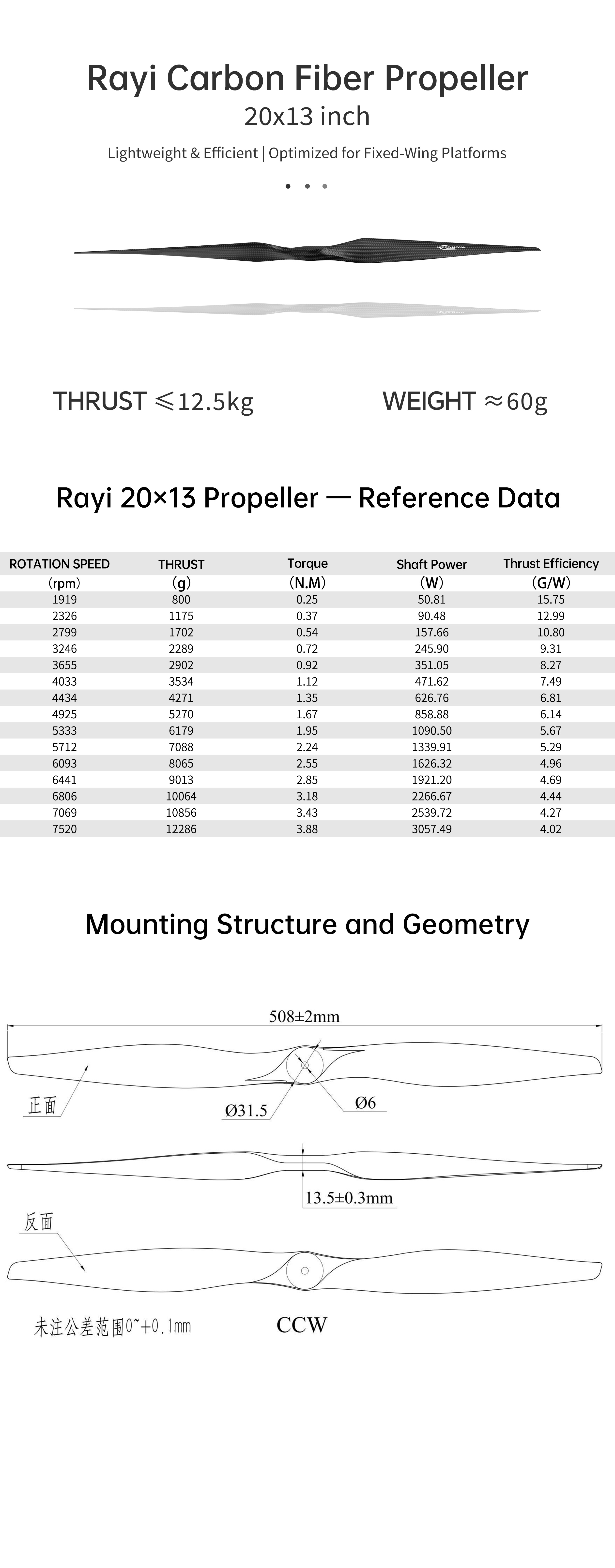 RAYI 20x13 Carbon Fiber Electric Fixed-Wing Propeller