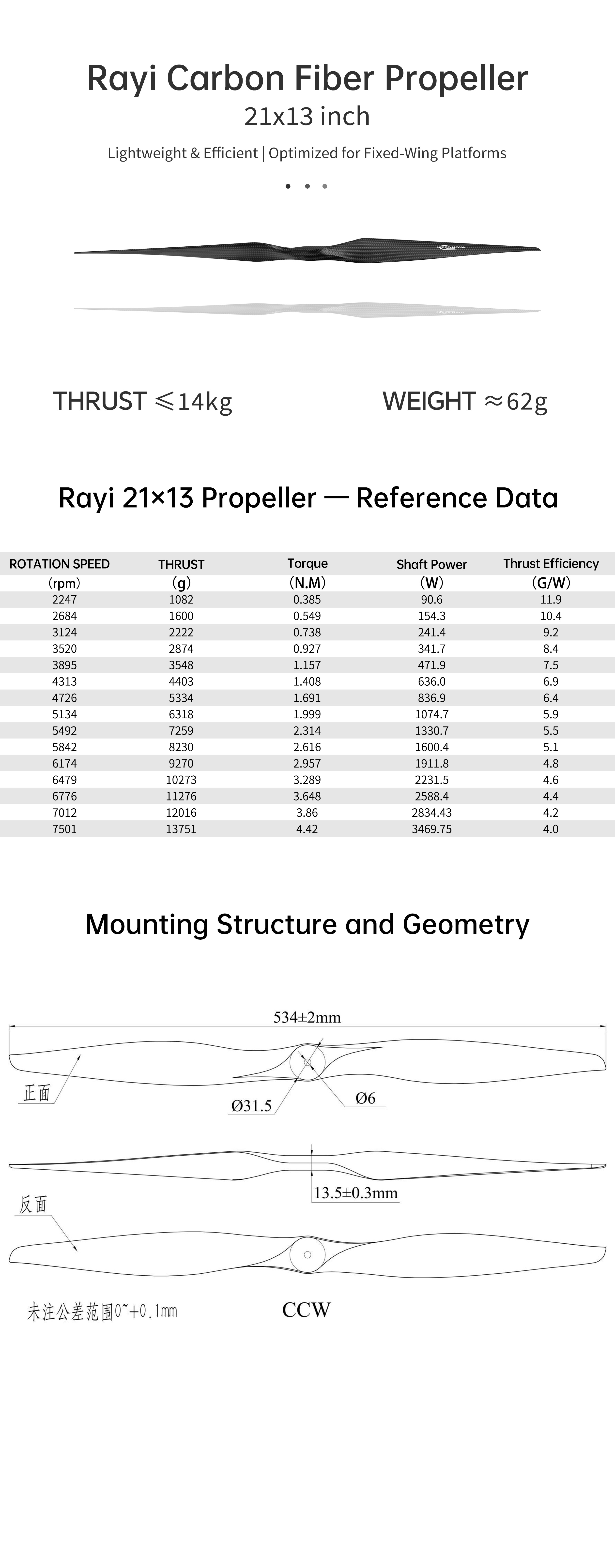 RAYI 21x13 Carbon Fiber Electric Fixed-Wing Propeller