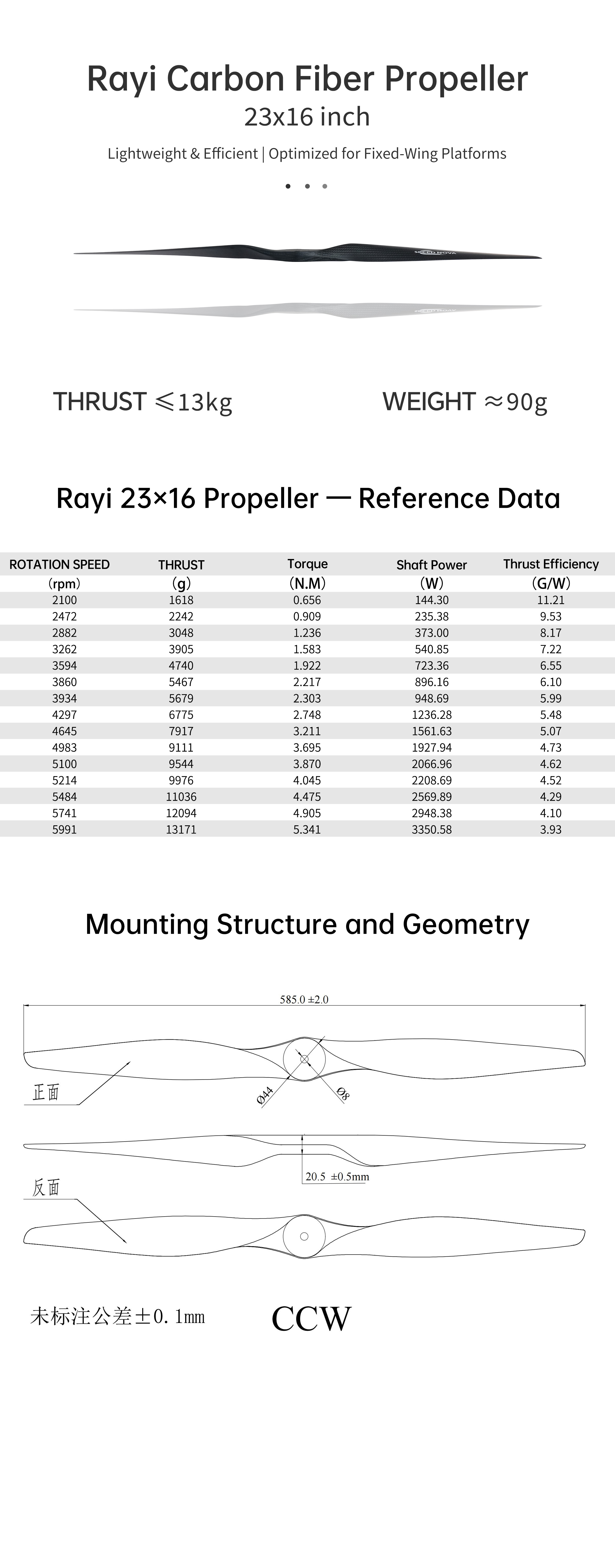 RAYI 23x16 Carbon Fiber Electric Fixed-Wing Propeller