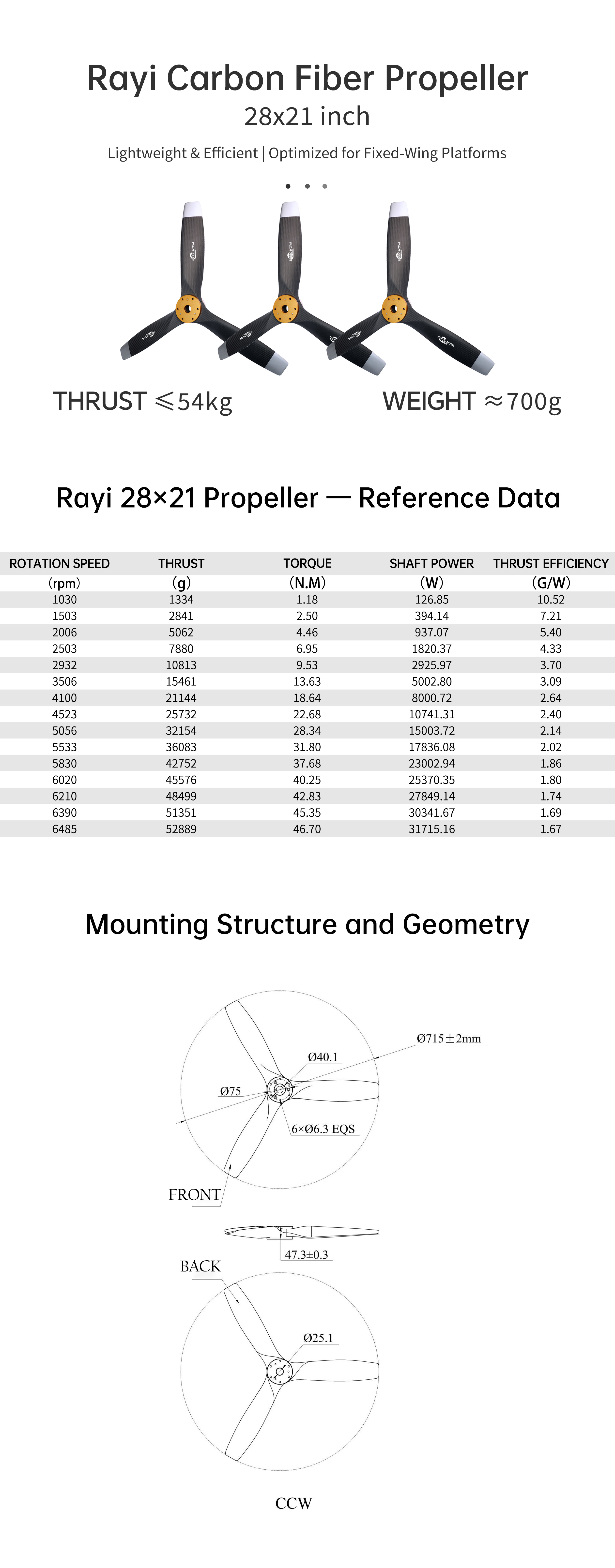 RAYI 28x21 Carbon Fiber Gasoline Engine Fixed-Wing Propeller