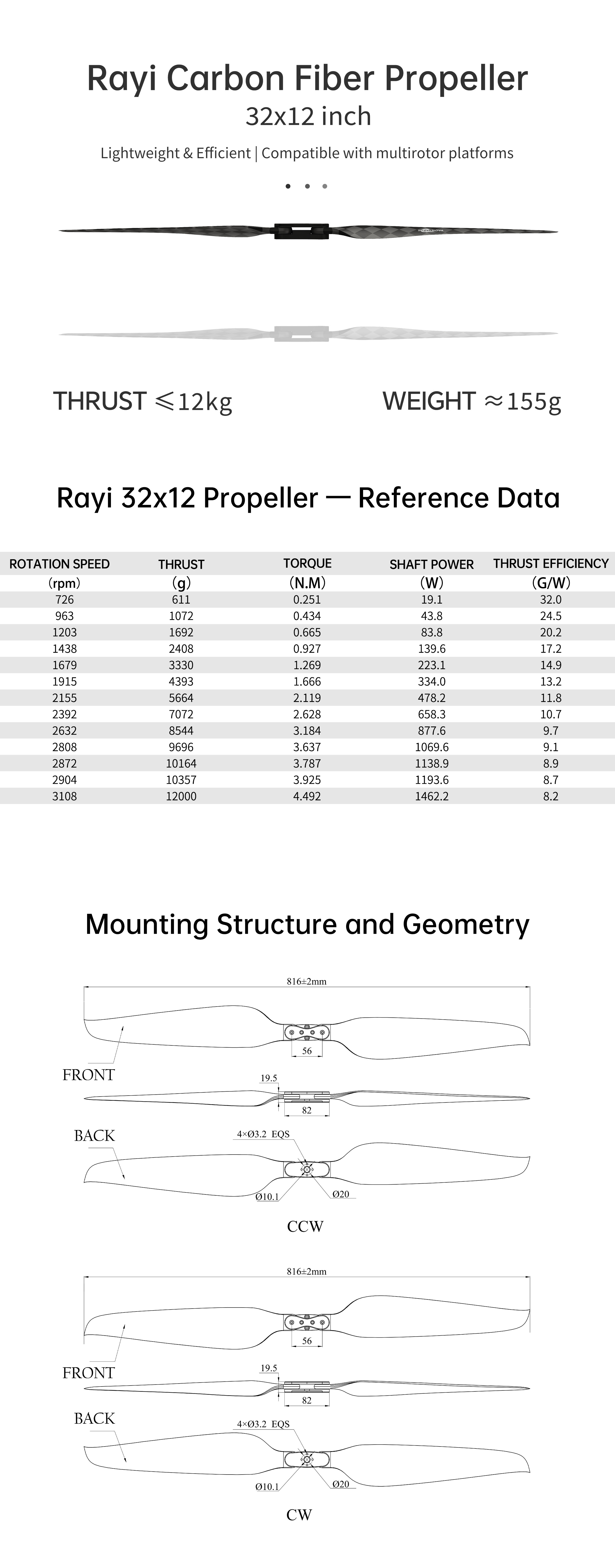 RAYI 32x12 Carbon Fiber Folding Multicopter Propeller